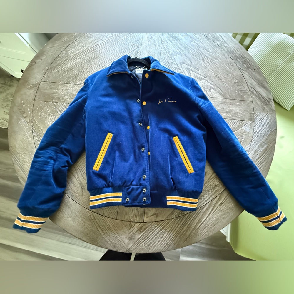Saint Laurent Blue and Yellow Varsity Bomber Jacket